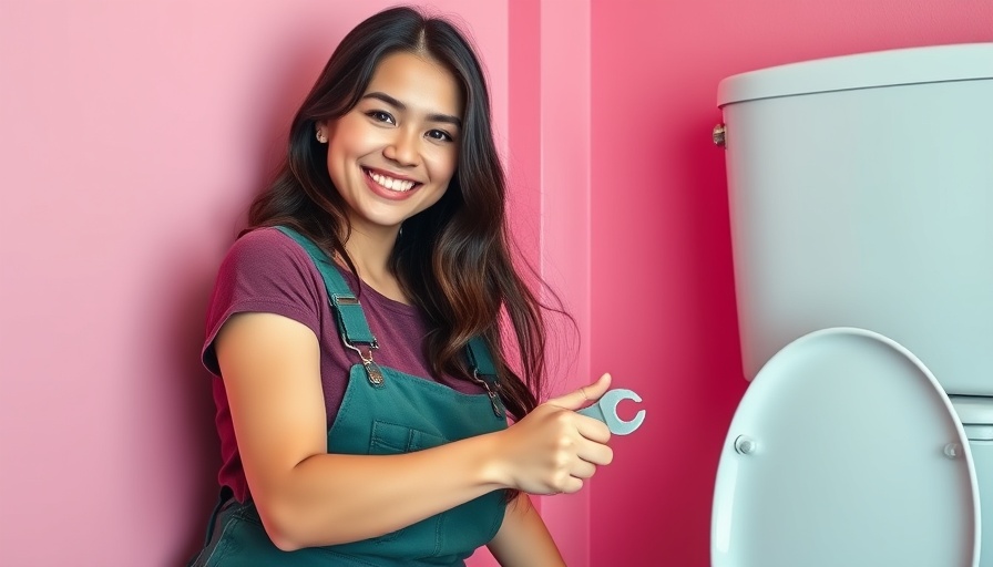 Young woman installing a toilet with a wrench, smiling.