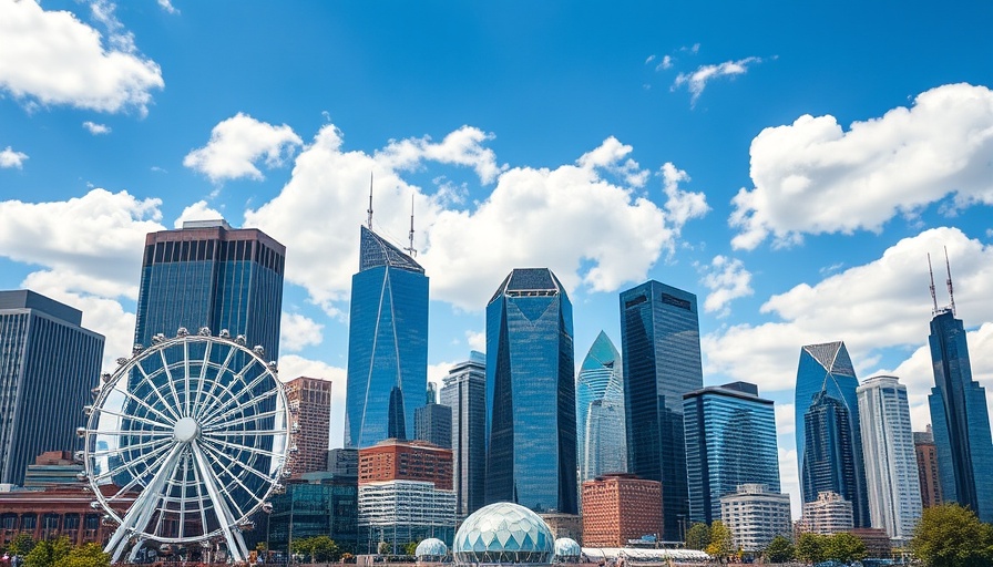 Atlanta skyline featuring skyscrapers and Ferris wheel under blue sky.