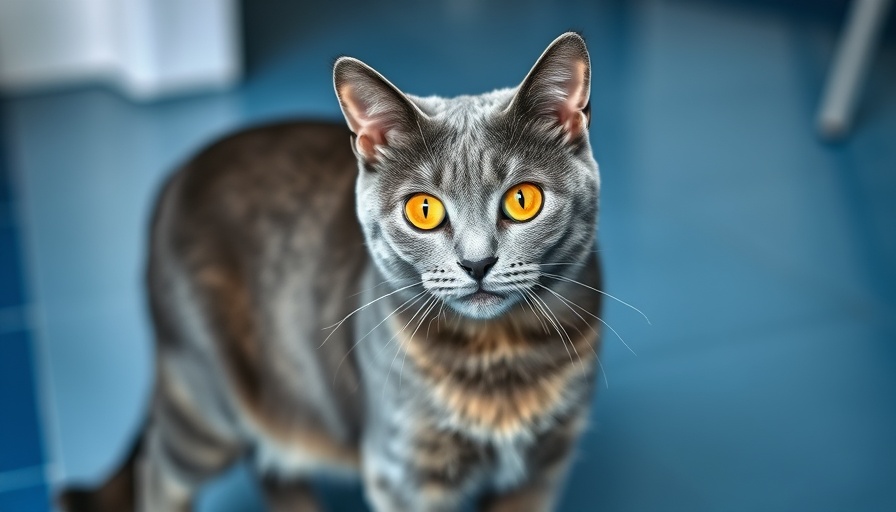 Alert grey cat with yellow eyes standing indoors.