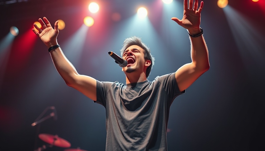 Energetic performer passionately singing with raised arms on stage