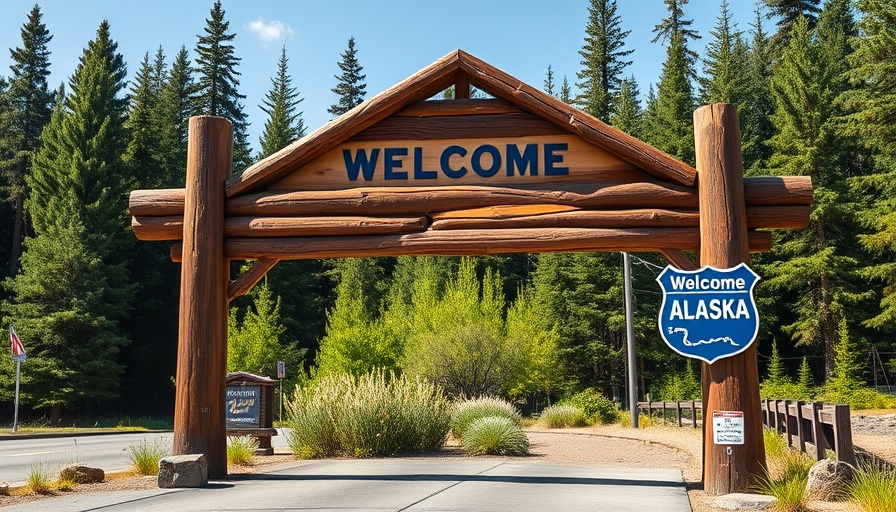 Welcome to Alaska sign with forest background, pros and cons of living in Alaska.
