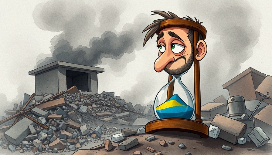 Cartoon of a contemplative man observing an hourglass in rubble.