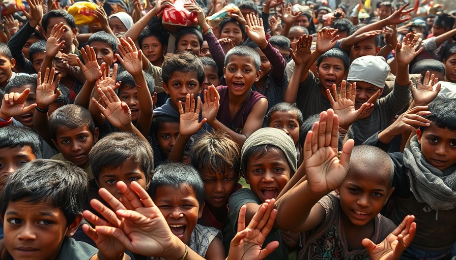 Children in Gaza struggling for supplies in crowded conditions.