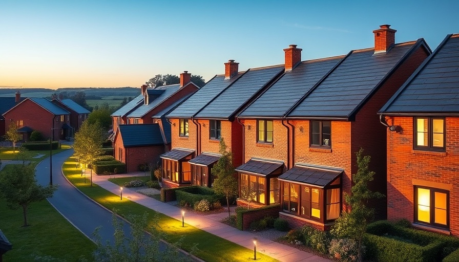 Modern housing development in new towns in England, red brick homes, lush greens.