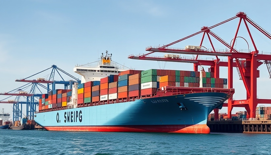 LA Port shipments drop scene with large container ship and cranes.