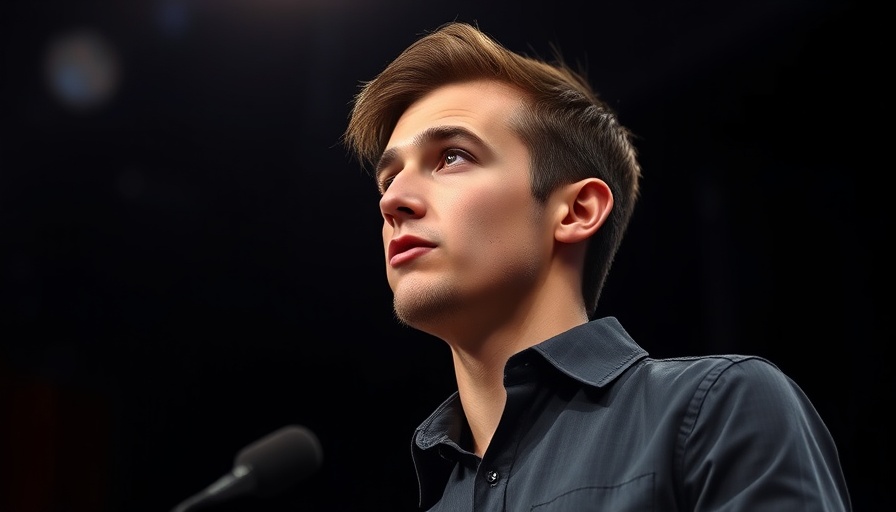 Young man presenting at a conference stage.