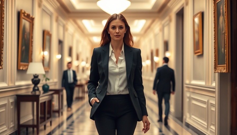 Determined professional woman in hallway with crowd, natural light.