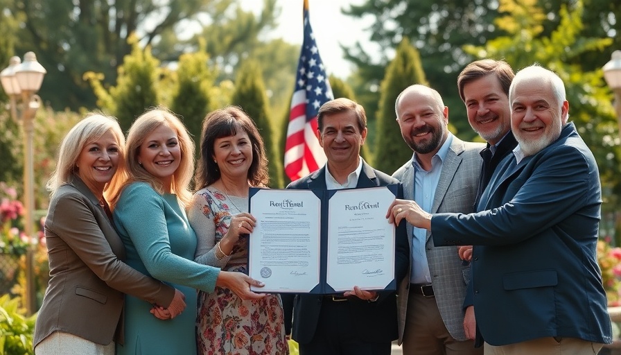 Group celebrating document signing outdoors, possible federal crime bill discussion.