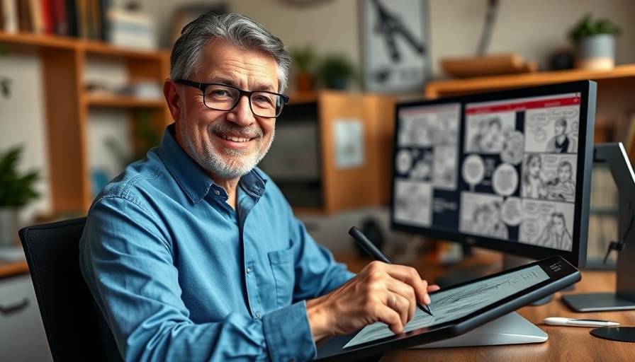 Scott Adams smiling in office near drawing tablet.