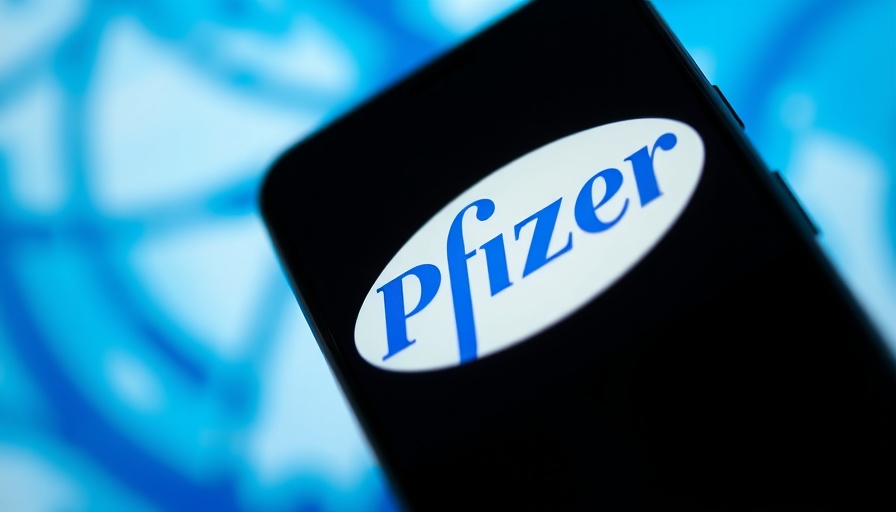 Pfizer logo on phone screen, abstract background, licensing deal context.