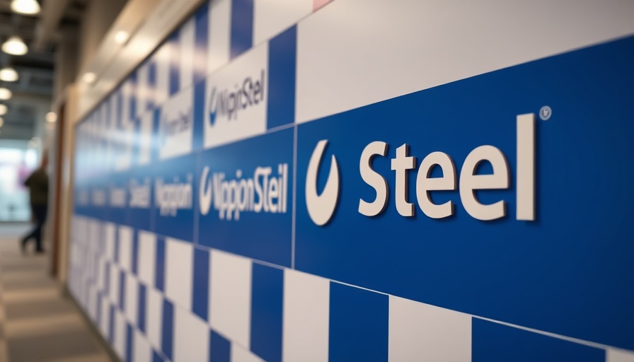 Nippon Steel logos displayed on a blue and white board, investment strategies in US steel production.