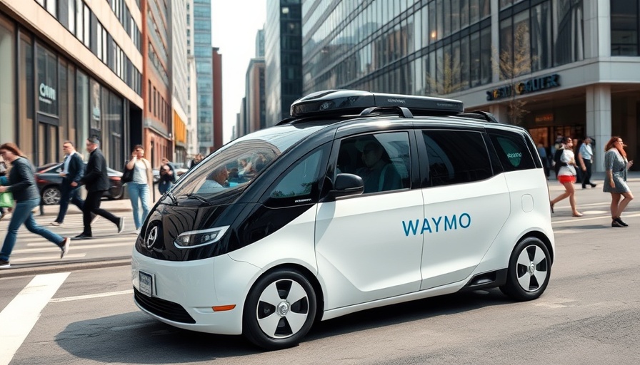 Waymo driverless car parked on urban street with city background.