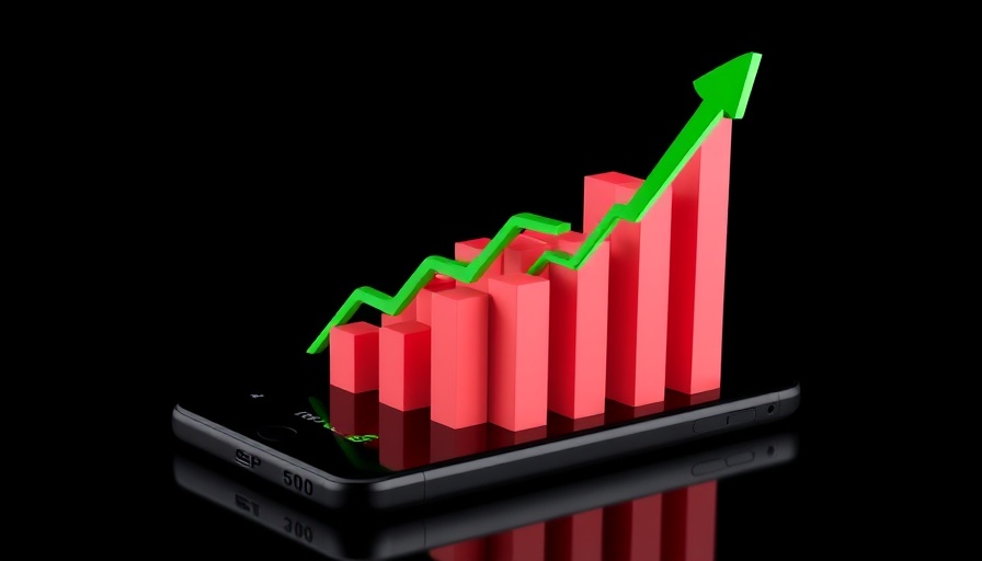 3D bar graphs on phone show US stock market trends.