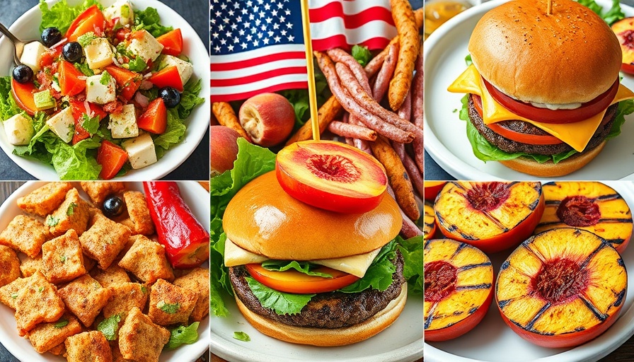 Delicious Memorial Day menu ideas with burgers, salads, grilled peaches.
