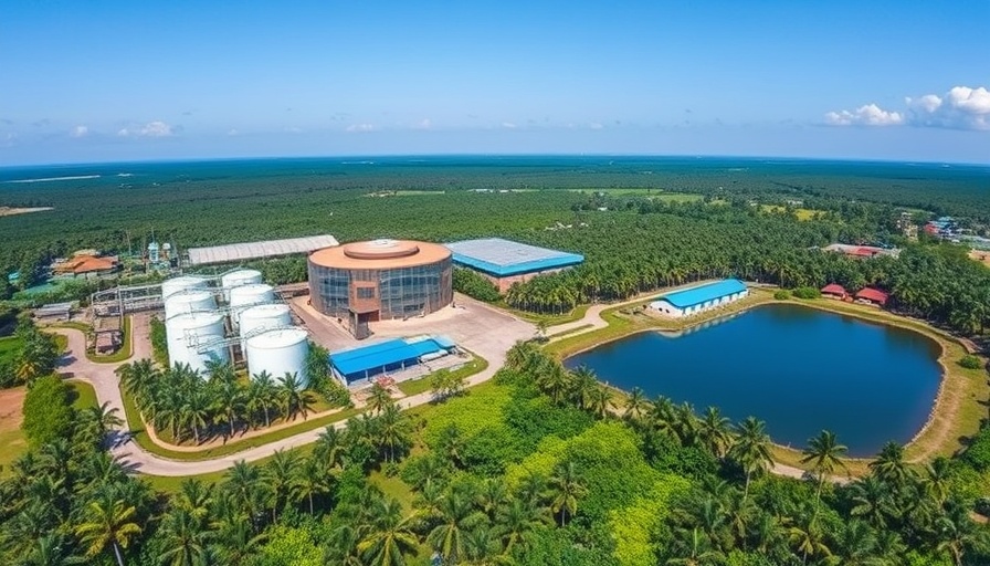 Aerial view of Malaysian biodiesel facility in palm plantation for carbon credits.