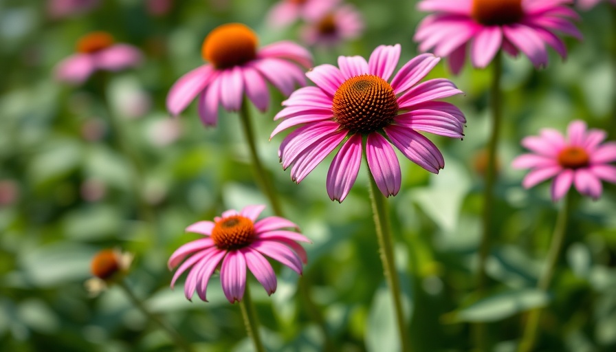Close-up of deadhead coneflowers in a lush garden.