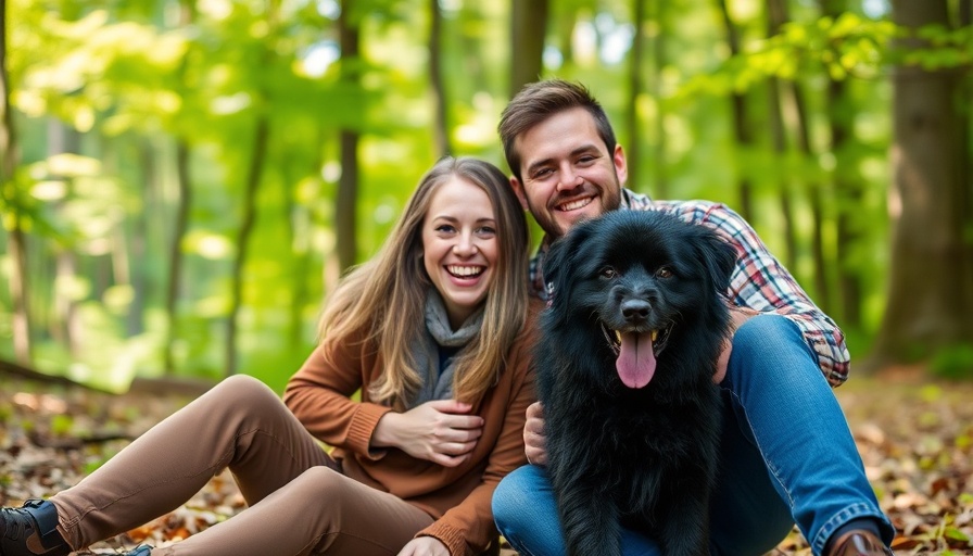 Couple with dog in serene forest setting, smiling warmly.