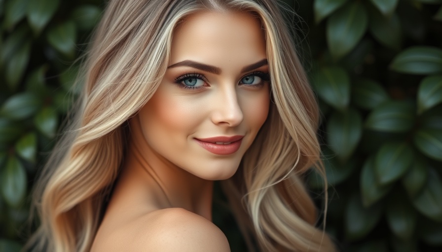 Elegant blonde woman smiling with a leafy background.