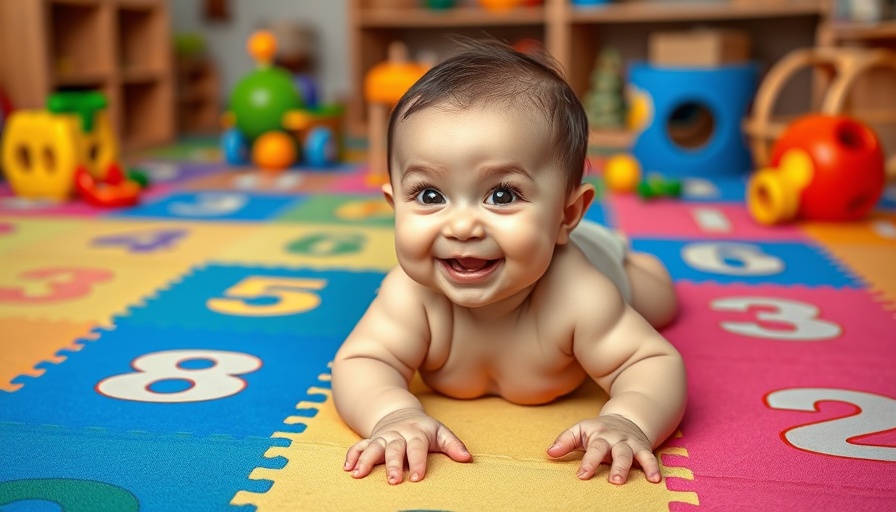 Smiling baby crawling on colorful play mats in a baby-proofed room.