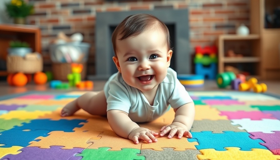 Happy baby on baby-proof foam mat in playroom.