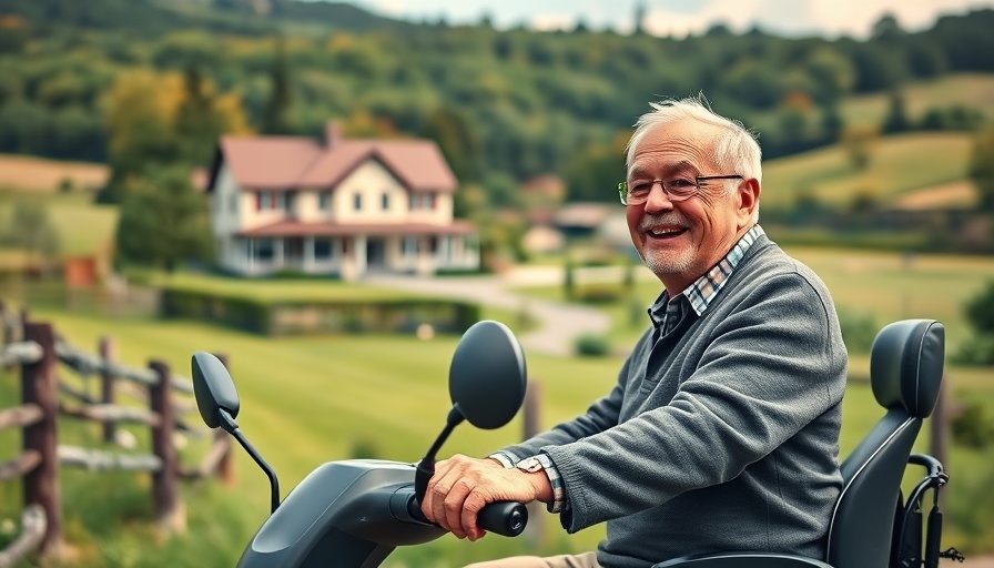 Elderly man outdoors enjoying anti-aging benefits with greenery and house.