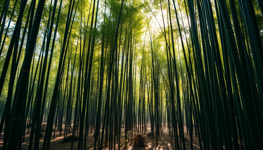 Dense black bamboo grove with vibrant green leaves in sunlight.