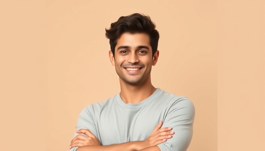 Confident young man sharing business startup tips, beige background.
