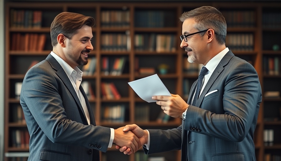 Businessmen shaking hands over commercial real estate loans document.