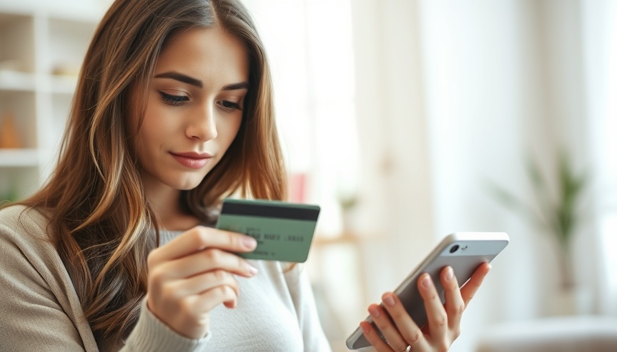 Woman studying APR on a credit card with smartphone.