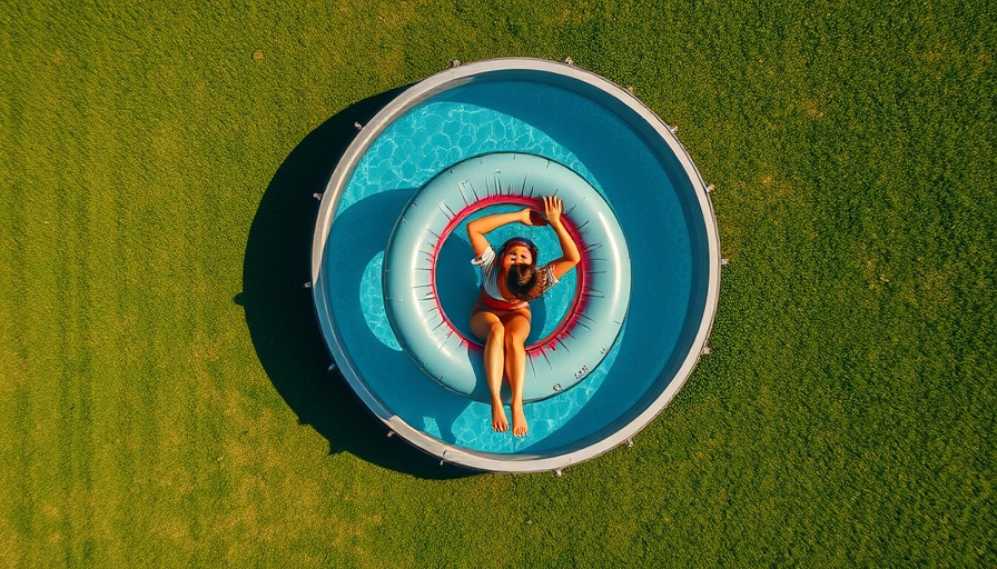 Bird's-eye view of a woman in an above ground pool, surrounded by lush green lawn.