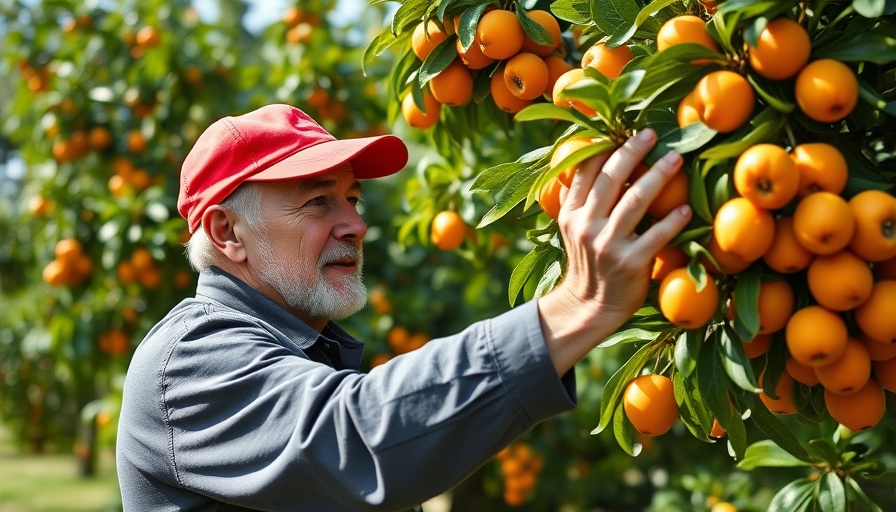 Man picking loquat fruit in Bay Area garden.