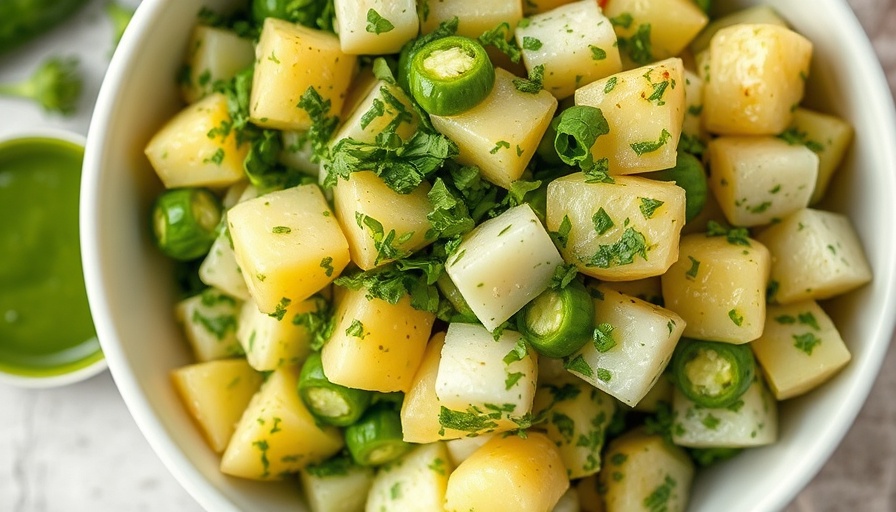 Green chile potato salad recipe in a white bowl with fresh herbs.