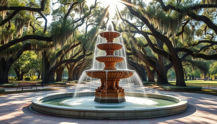 Scenic fountain in Forsyth Park, Savannah GA, surrounded by trees.