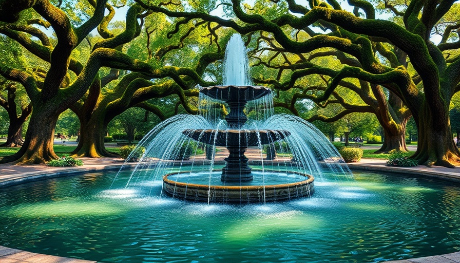 Majestic fountain in Forsyth Park, Savannah, GA under moss-draped oaks.