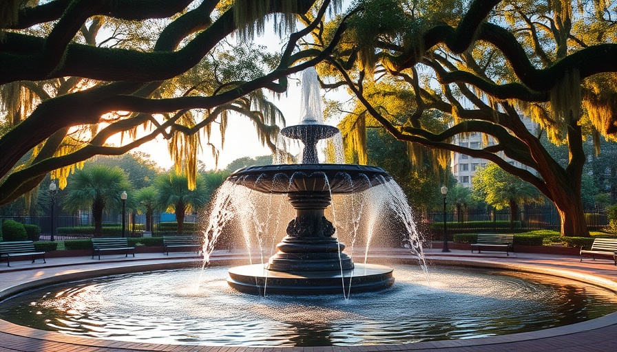Scenic fountain in Savannah GA park with moss-covered trees.