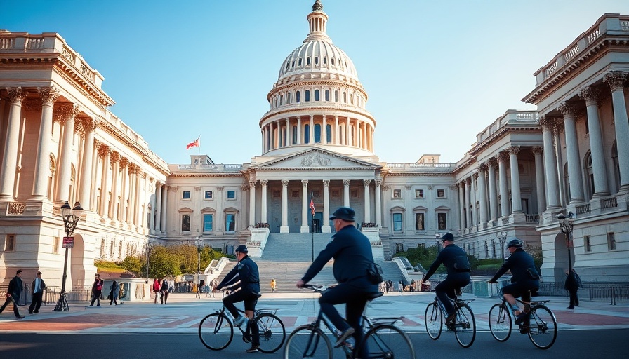 Iconic United States Capitol with bike police patrol.