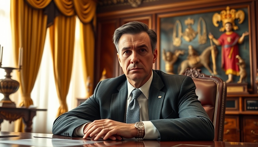 Businessman sitting at a large desk with a focused expression.