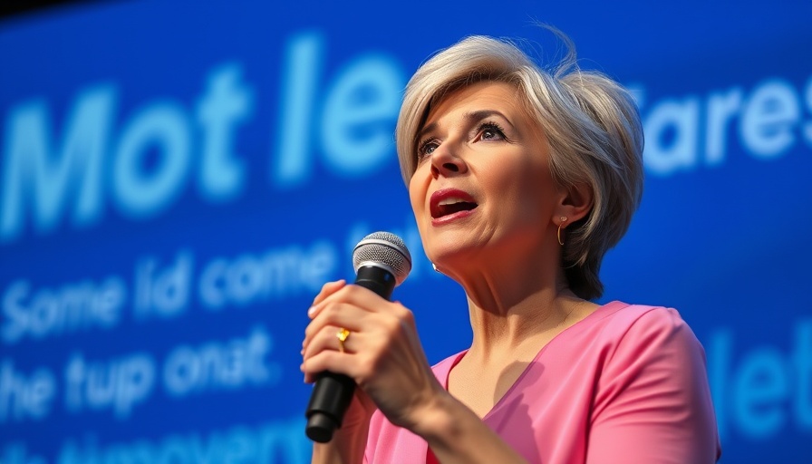 Middle-aged woman speaking at a conference on work from home privacy.
