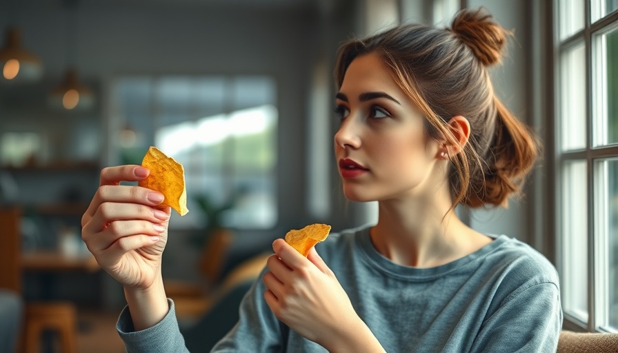 Young woman holding a chip, reflecting on ultra-processed foods health impacts.