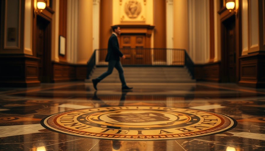 Sheriff badge on courthouse floor with person walking by