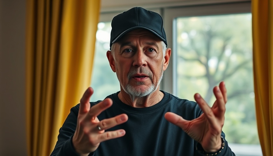 Expressive man gesturing indoors with yellow curtains and window.