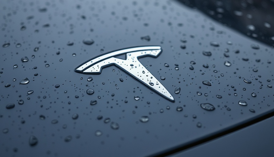 Close-up of Tesla logo with raindrops on car surface in Austin