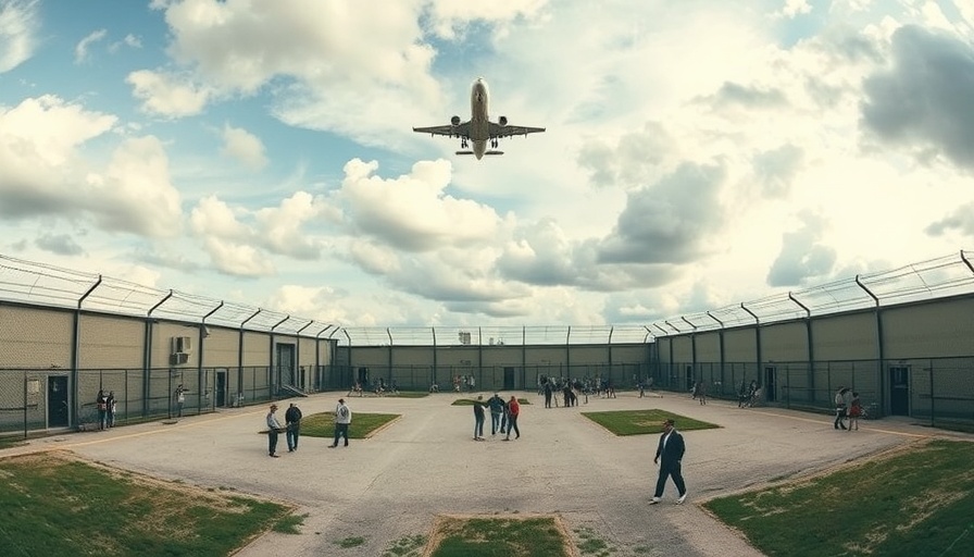 Detention facility yard with people and barbed wire fence under a cloudy sky.