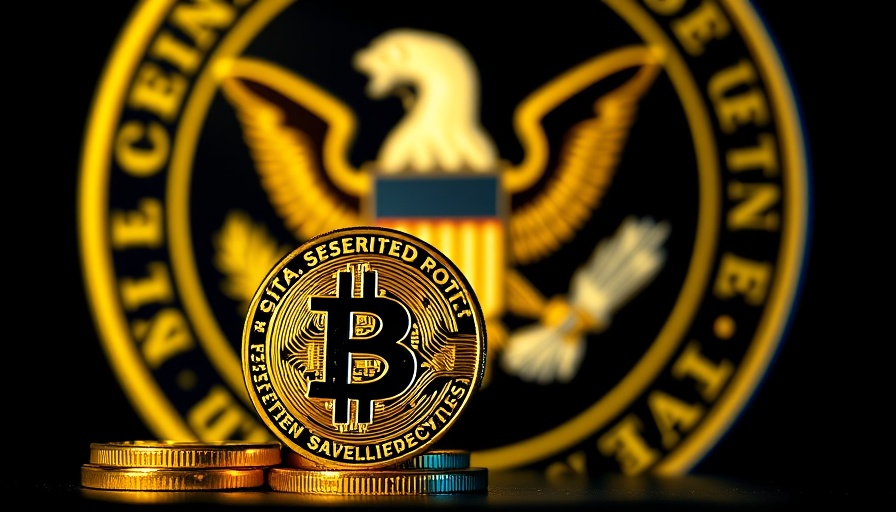 Bitcoin in front of SEC seal symbolizing financial scrutiny.