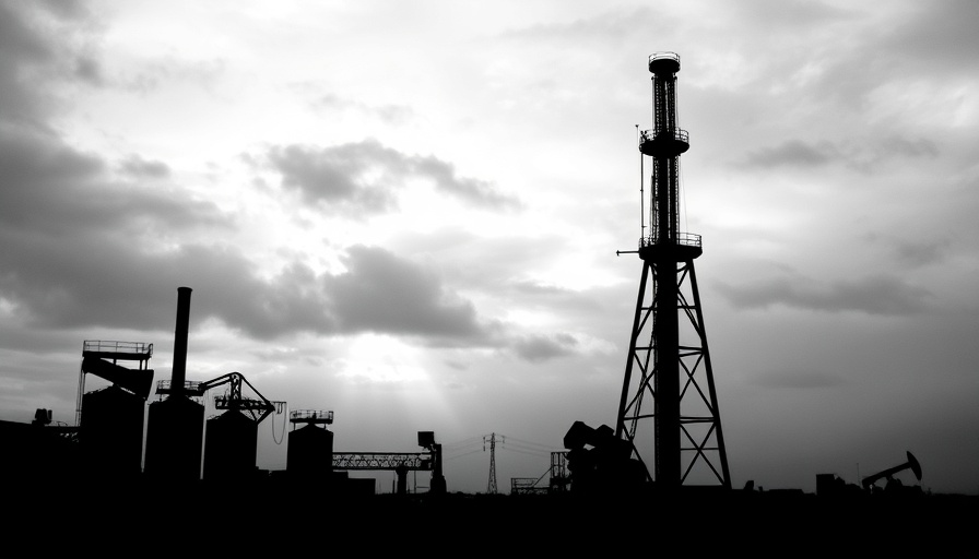 Oil pumpjack silhouette with cloudy sky, depicting oil price volatility.