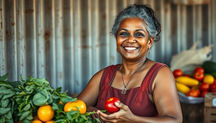 Smiling vendor with fruits in a market setting showcasing climate resilience.