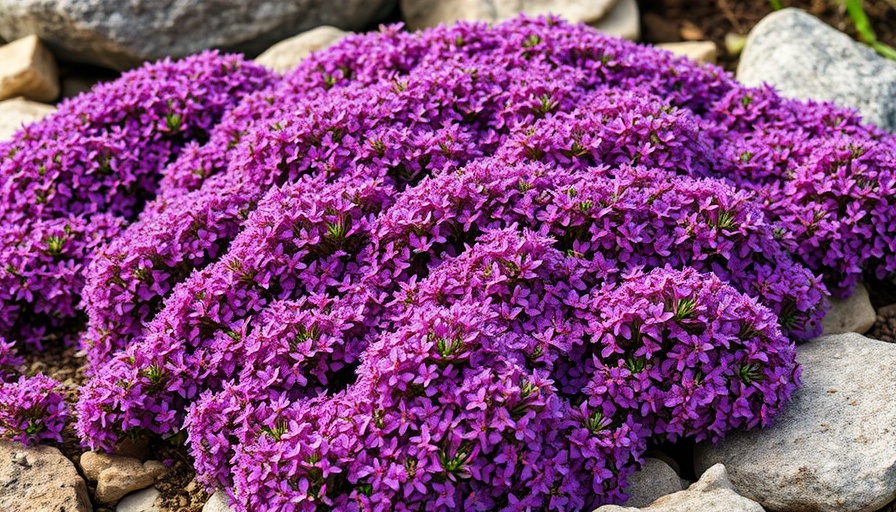 Abundant creeping thyme ground cover with purple blooms in a rocky garden.