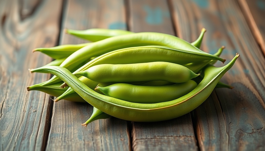Close-up of lima beans in pods on rustic table.