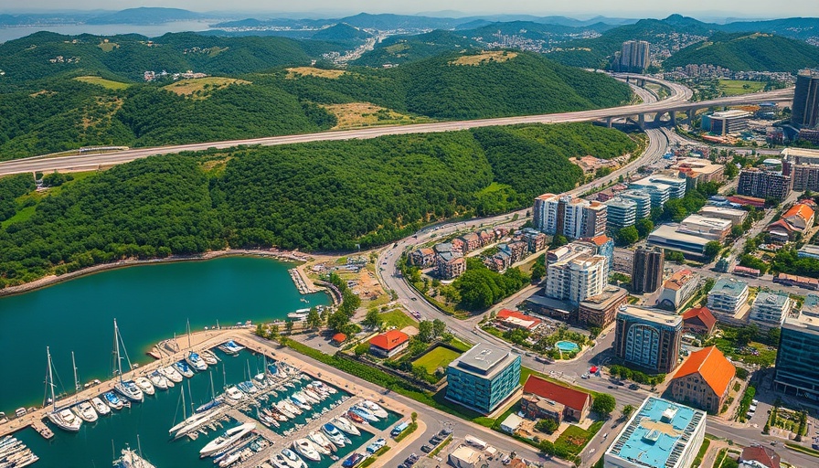 San Rafael marina with residential and commercial buildings surrounded by hills, highlighting the area's dynamic environment.