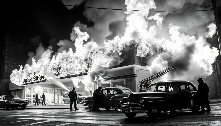 San Rafael firefighting heroes battle intense car dealership blaze, vintage photo